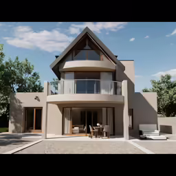 an exterior view of a modern home with outdoor furniture