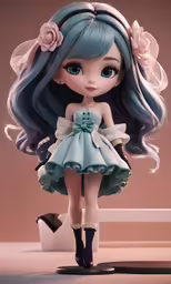 an adorable doll with long blue hair and a flower on her head