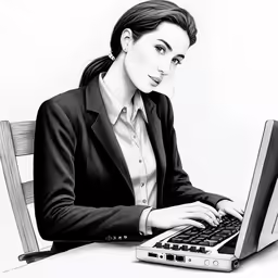 a woman in a suit and tie using a laptop computer