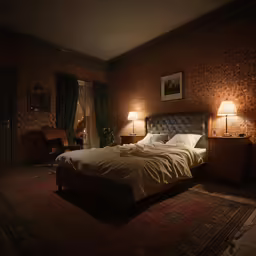 a bed with two lamps and a large bed with a large head board