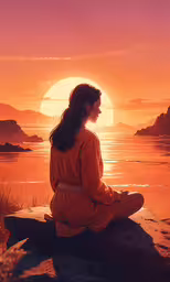 the lady is sitting by herself as the sun rises,a person in a long orange dress sitting on top of a rock