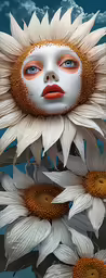 a painting of a white sunflower with face and blue sky in the background