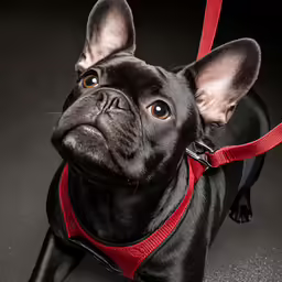 a french bulldog with harness and collar posing for a picture