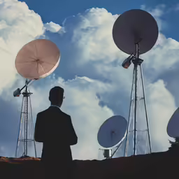 there is a man standing in front of six satellite dishes