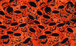 a background of orange and black pattern with some birds