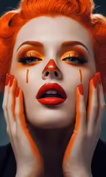 an art model with bright red hair and orange make - up