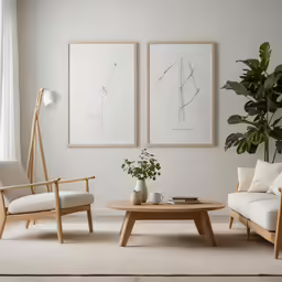 a living room with a plant and chair in it
