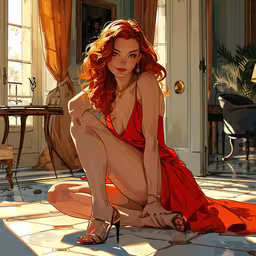 a woman sitting on the ground in a red dress,a red haired woman sitting on a tiled floor