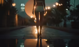 a woman in white is walking down the street