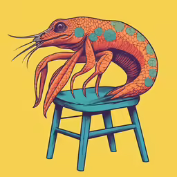an image of a blue and orange shrimp sitting on a chair