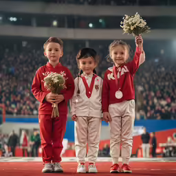 the three kids are holding flowers and the winner is on the podium