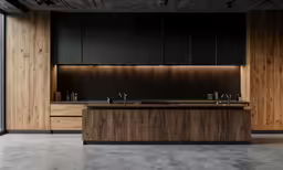 the wood cabinet in the kitchen is open to the rest of the room
