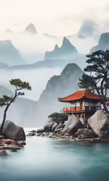 a small pagoda in the middle of some mountains
