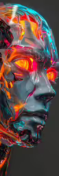 the face of a robot in multicolored colors,an image of a man with bright glowing eyes