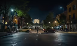 two people crossing a city street at night
