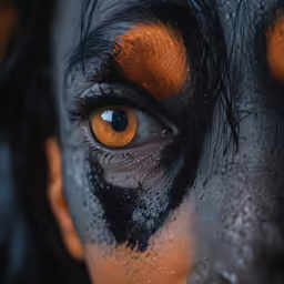 someone is putting orange eyes into black and gold makeup