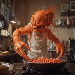 a monster that is eating some food out of a pan