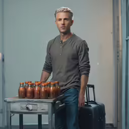 man standing behind cart full of brown bottles with a black rolling suitcase