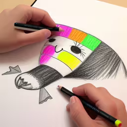 a child is drawing a rainbow fish with colored pencils,there is a drawing on the paper and a hand holding a pencil