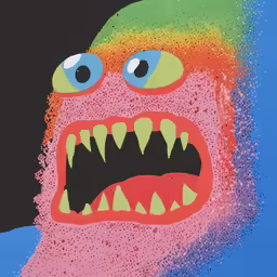 an illustration of a pink dinosaur with teeth on it