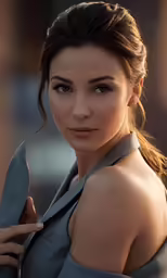 a beautiful woman in a grey dress is smiling