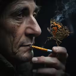 a man smoking and a butterfly on the cigarette