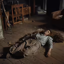 woman in a gray shirt laying on a wooden floor