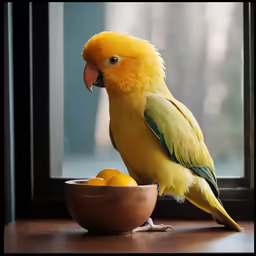 a parrot stands on top of a bowl