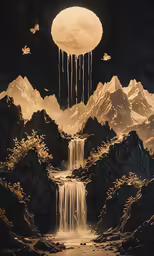a painting with the moon and mountains