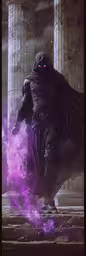 the image shows a large dark skinned man,man in an purple hooded cloak walking on a city street