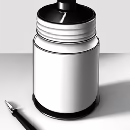 a black and white tin with a ballpoint pen on it