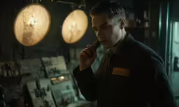 the man in the dark holds his finger to his nose