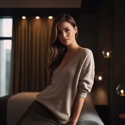 a woman is sitting on the couch and wearing a tan sweater