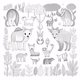 a drawing depicting wild animals and trees