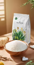 a bowl with rice and a bag of salt beside it