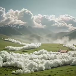 a cloud of smoke sits over a grassy area in the mountains