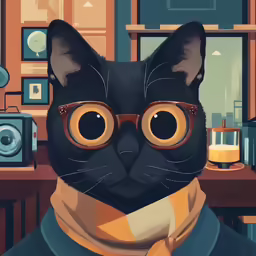 a cat with glasses on wearing a scarf