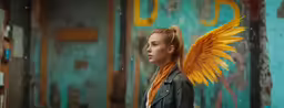 young woman with big wings in urban setting