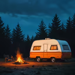an orange van sitting next to a fire in the forest