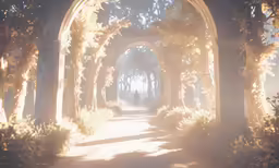 a man is walking down a path under an arch