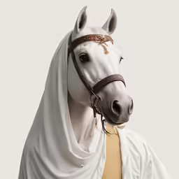 a statue of a white horse with a blanket around its head