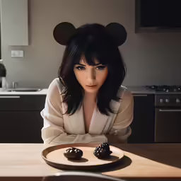 the woman is in the kitchen posing for a photo