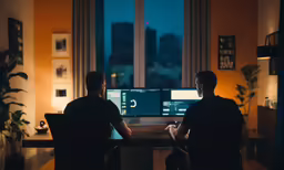 two men sitting at a desk, each looking at a monitor
