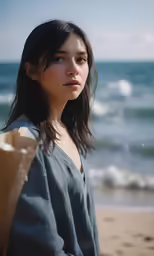 a woman in a robe on the beach