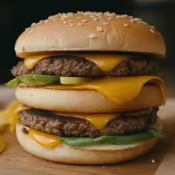 an extremely large cheeseburger with an onion bun on the side