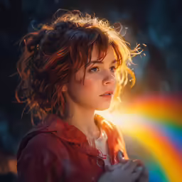 a woman holding a rainbow standing in the rain