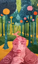 a painting shows a person laying on a blanket with trees in the background