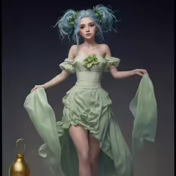 an art piece featuring a sexy girl with blue hair and green dress