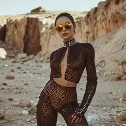 a woman posing with yellow sunglasses wearing a black lacy lingerie