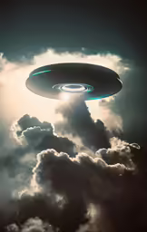 an alien floating through the cloudy sky